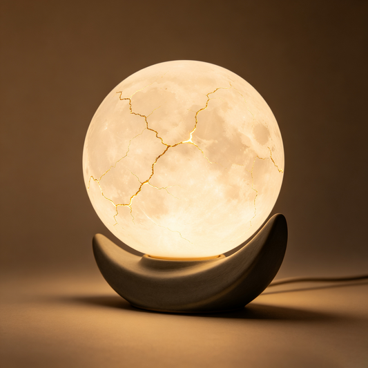Cracked Golden Vein Moon Table Lamp with Crescent Base